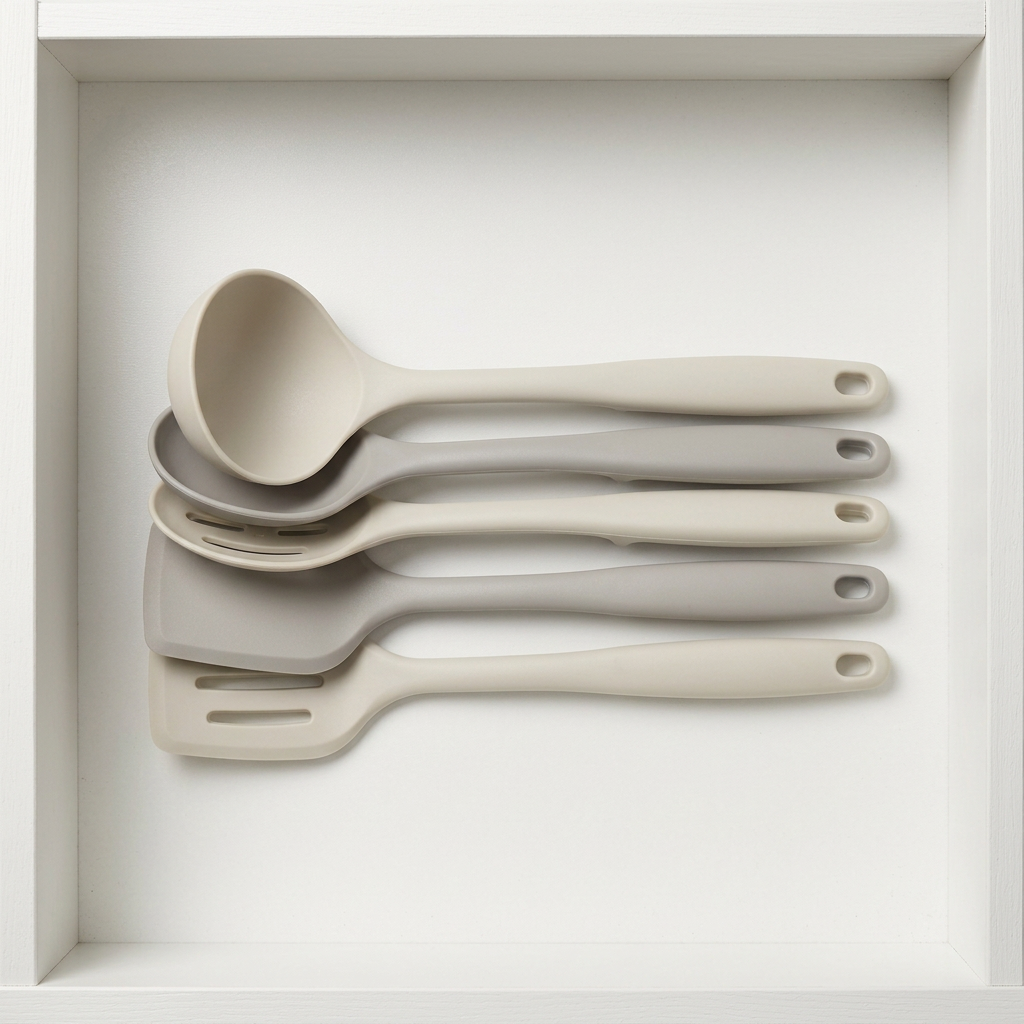 Loose aligned stack of five utensils in drawer