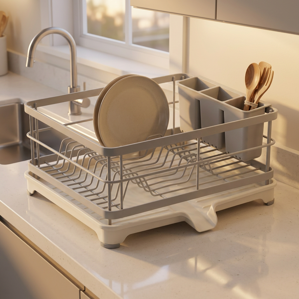 Dish rack in a softly lit evening kitchen