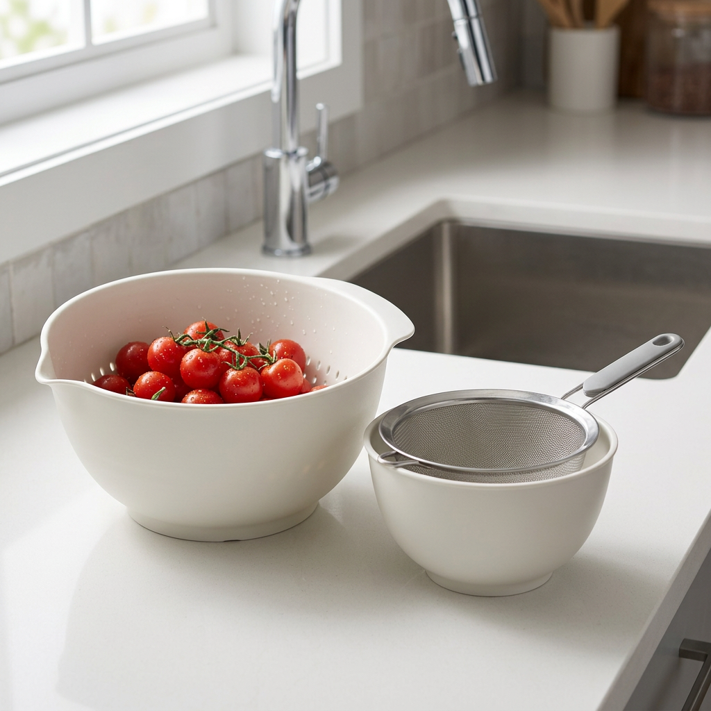 Colander with rinsed tomatoes near sink