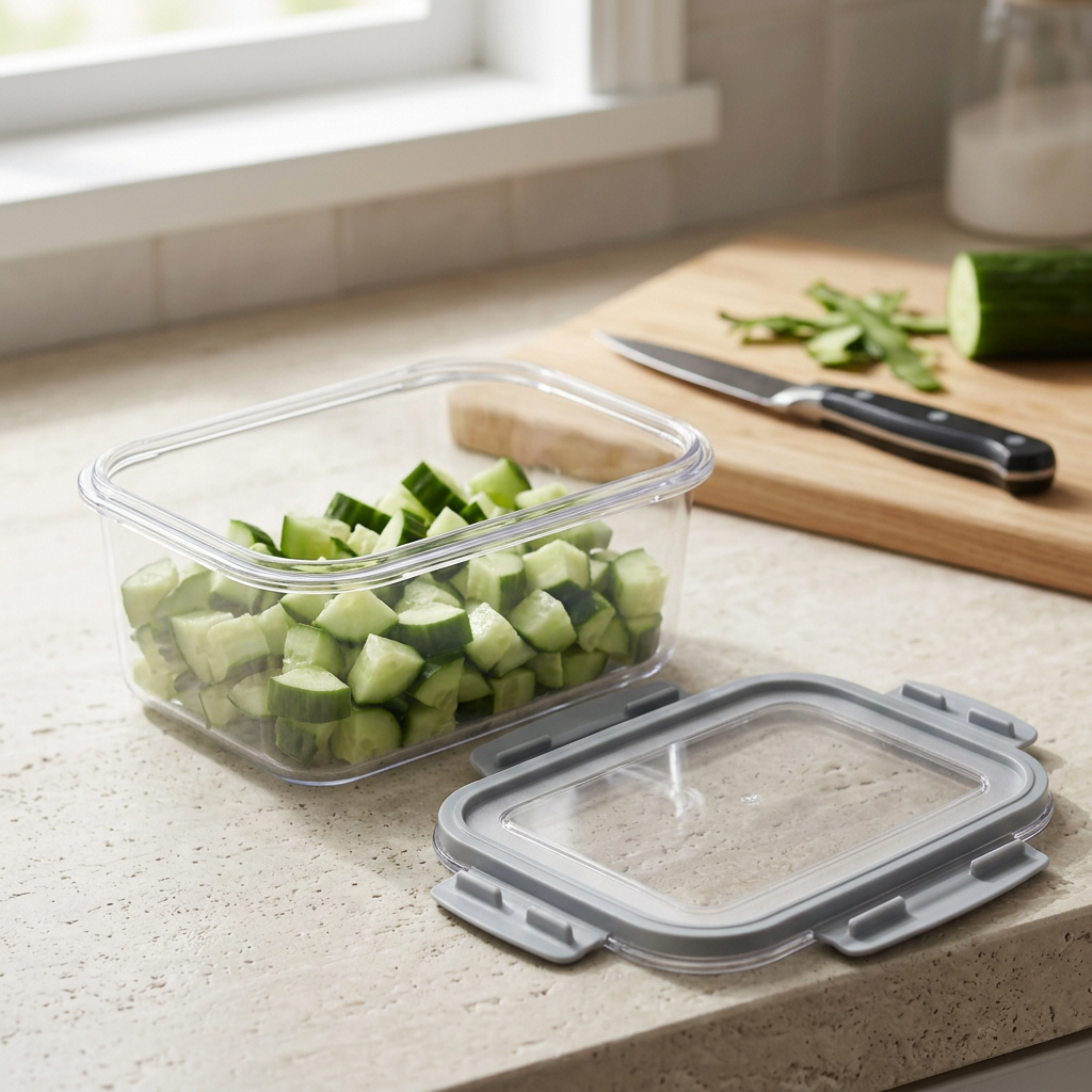 Chopped cucumber preparation with matching container and lid