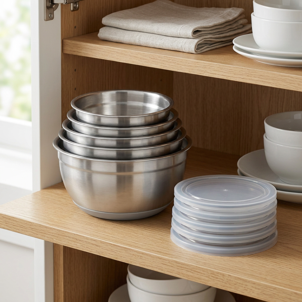 Five nesting bowls and matching lids in a cupboard