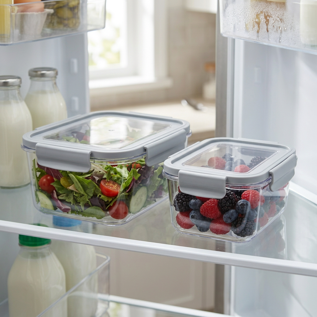Salad and berries organized on refrigerator shelf