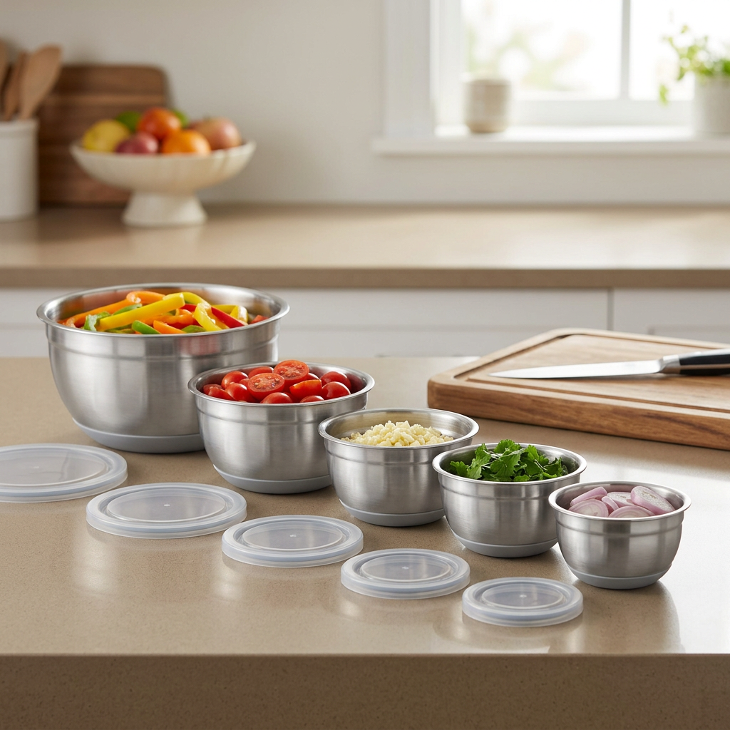 Weekend ingredient preparation with five bowls and lids