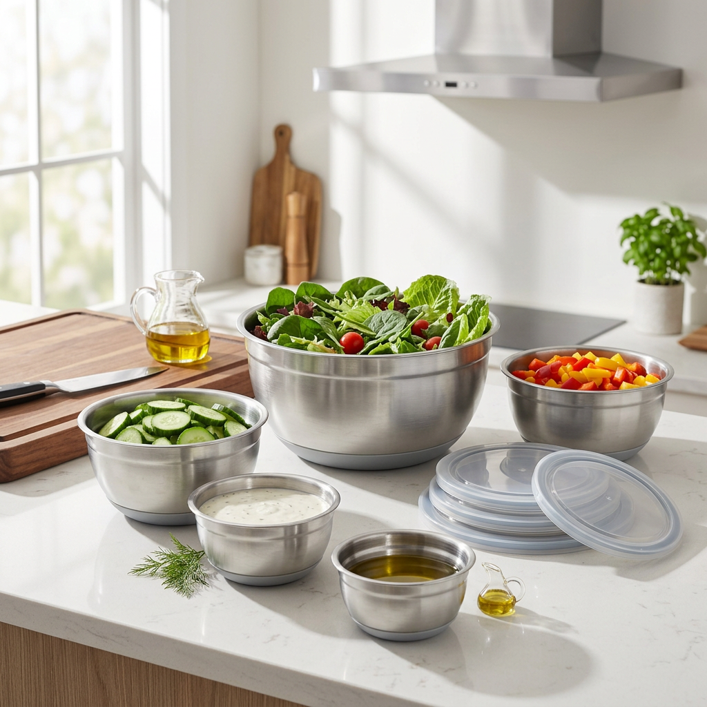 Salad preparation with five stainless bowls