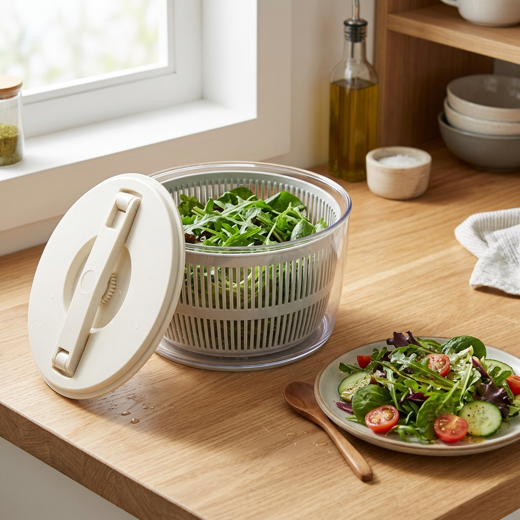 Salad preparation in a compact kitchen