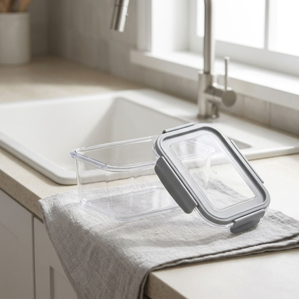 Container and matching lid drying beside sink