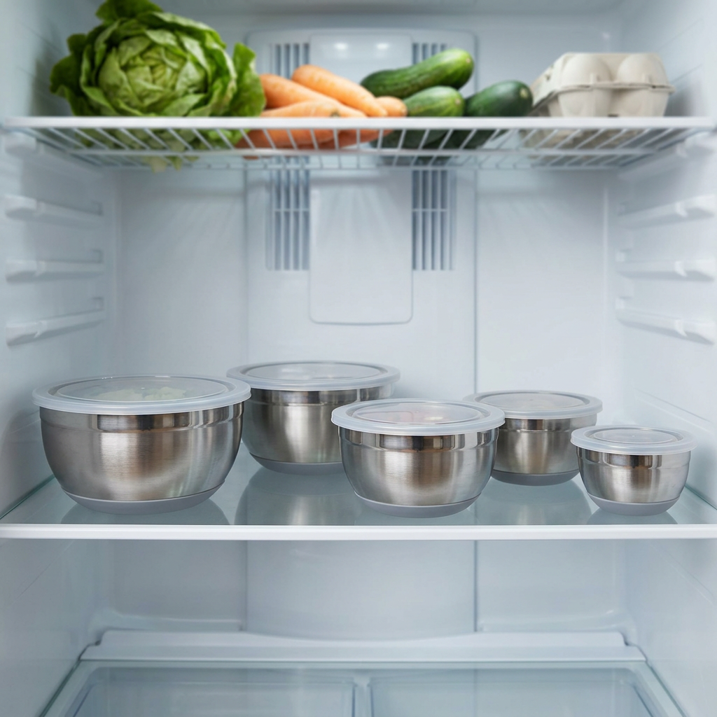 Five lidded stainless bowls on refrigerator shelf