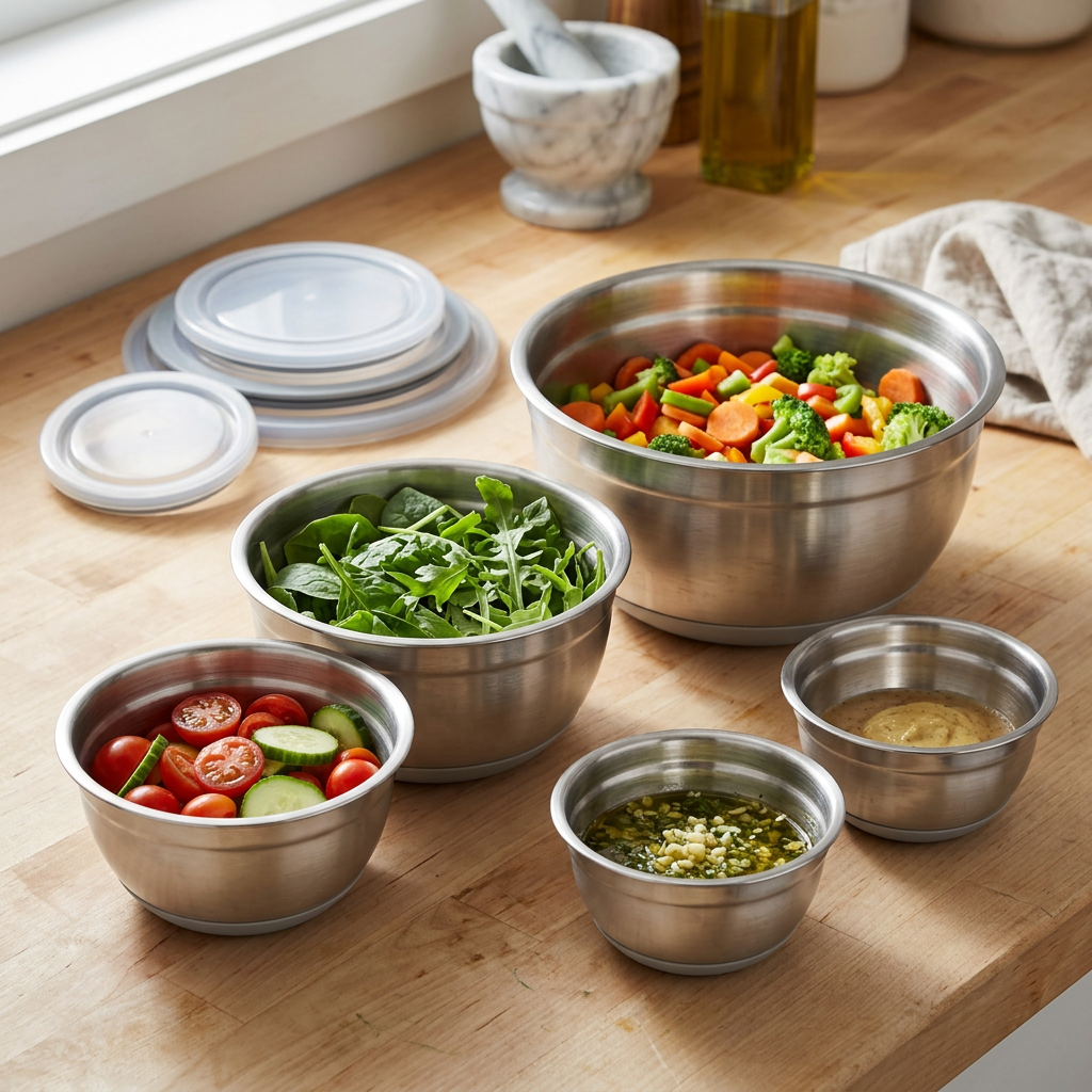 Weeknight dinner preparation with five stainless bowls