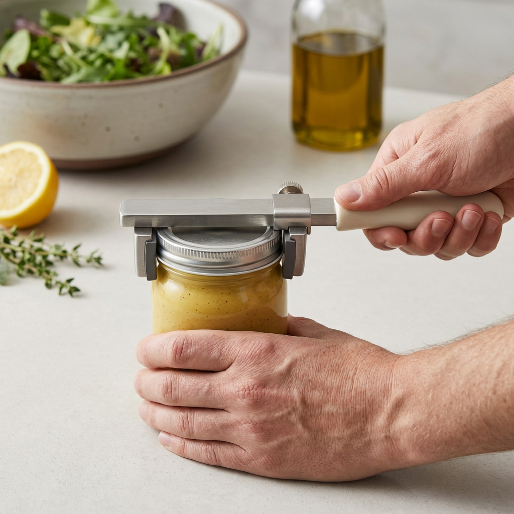 Jar opener use on a mustard jar during salad dressing preparation