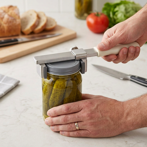 Two-handed jar opener use with a pickle jar during sandwich preparation