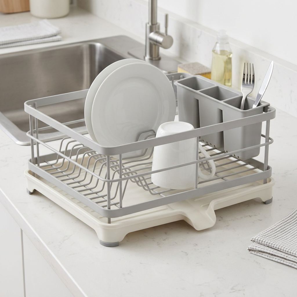 Compact kitchen dish rack setup