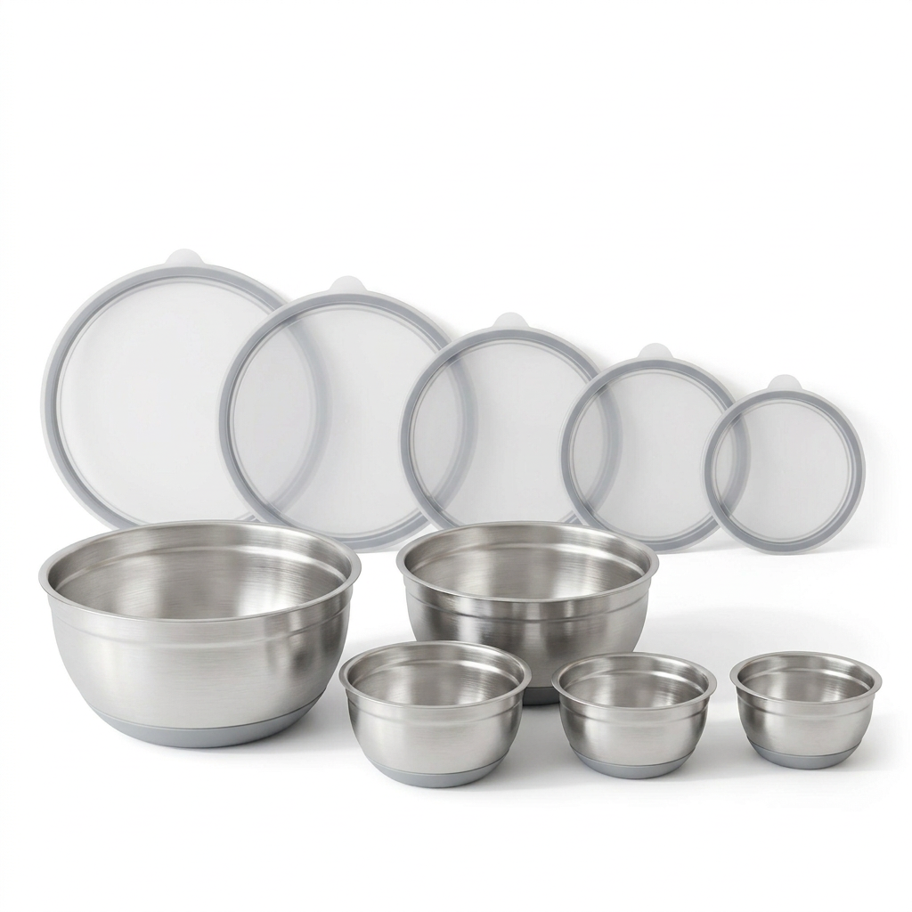 Five stainless bowls and matching lids on white background