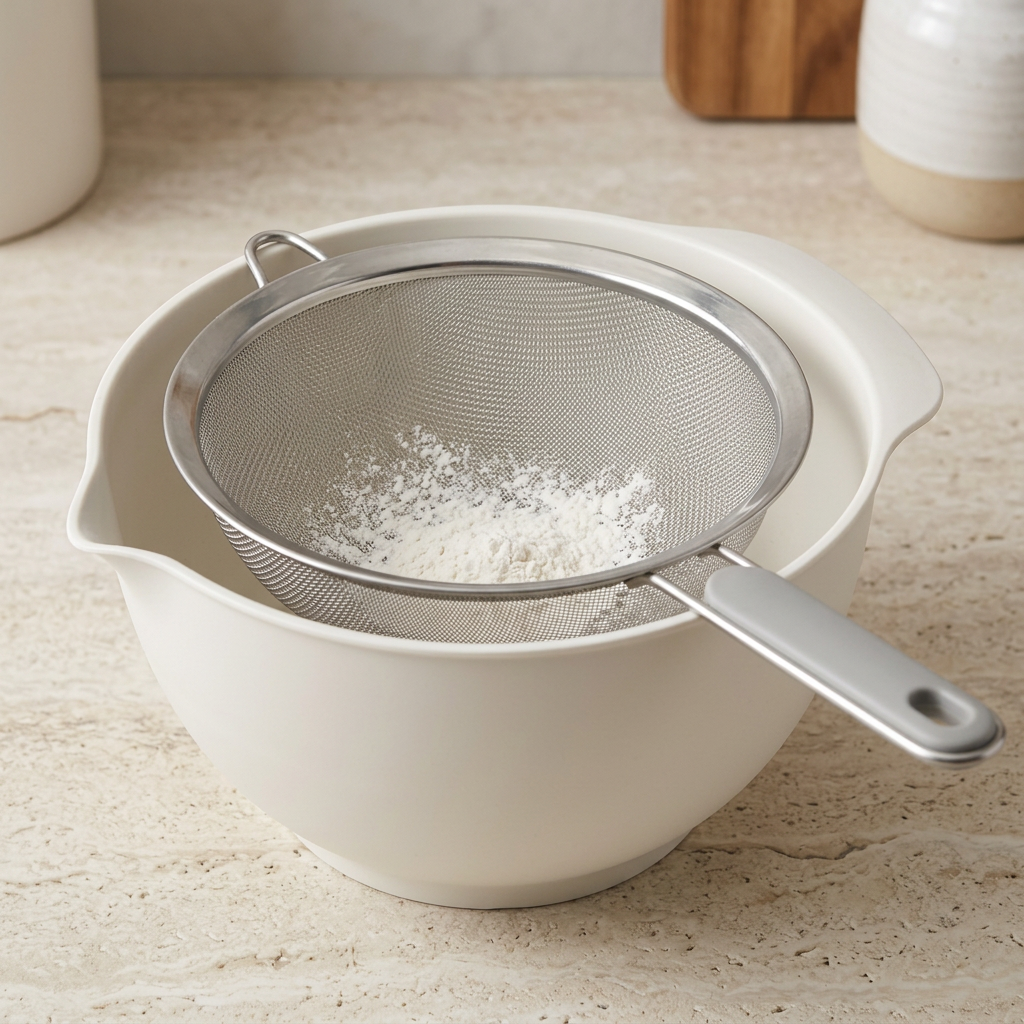 Fine mesh sieve supported over bowl