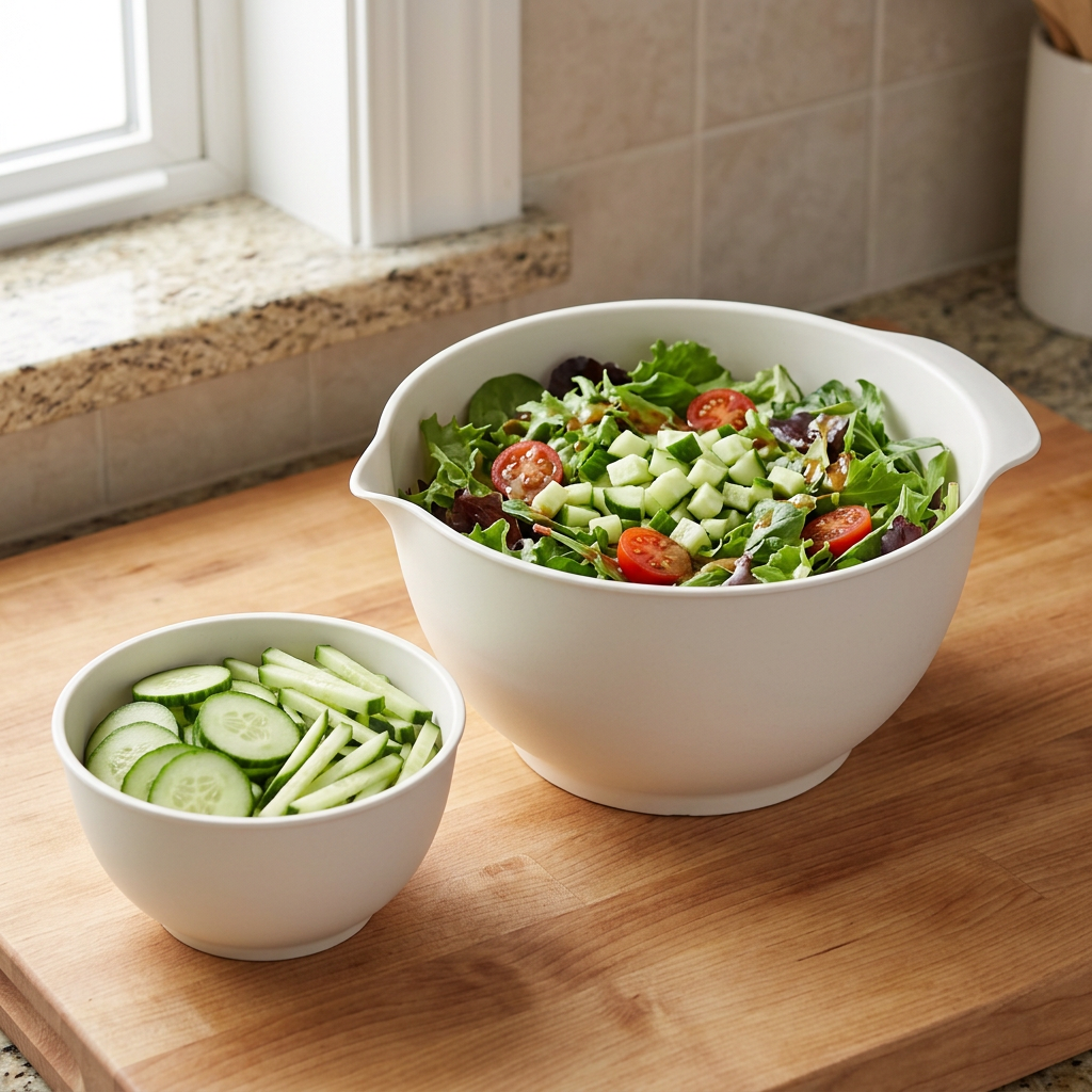 Two mixing bowls in salad preparation