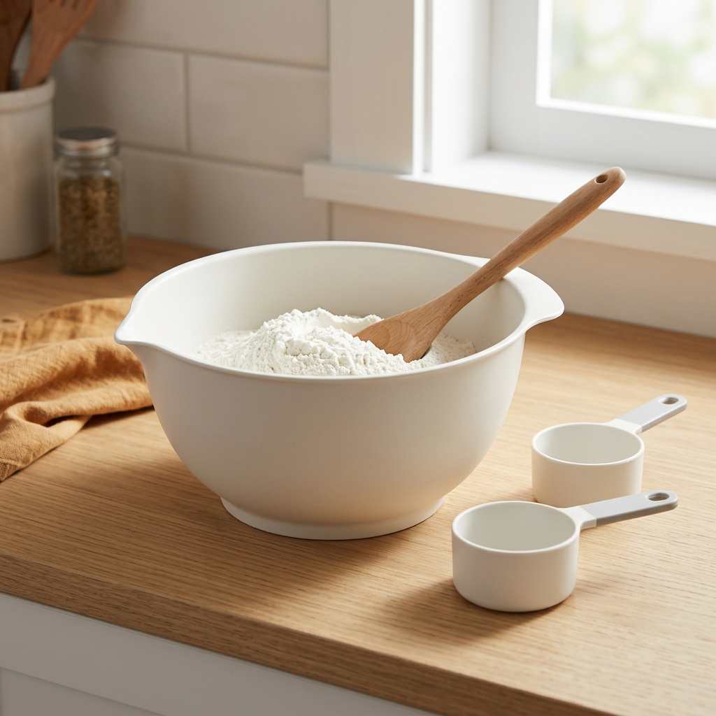 Mixing bowl and measuring cups during baking preparation